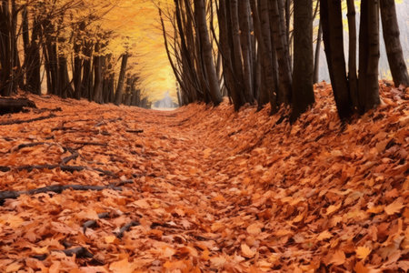 fallen autumn leaves carpeting a forest trail, created with generative aiの素材