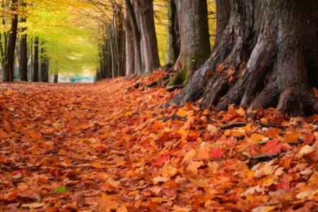 fallen autumn leaves carpeting a forest trail, created with generative aiの素材