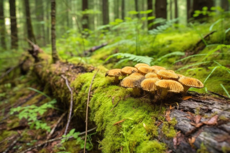 fungi cropping on a fallen log, in deep forest, created with generative aiの素材