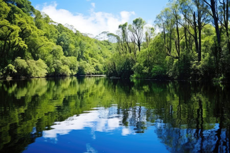 a pristine water body reflecting forest reserve, created with generative aiの素材