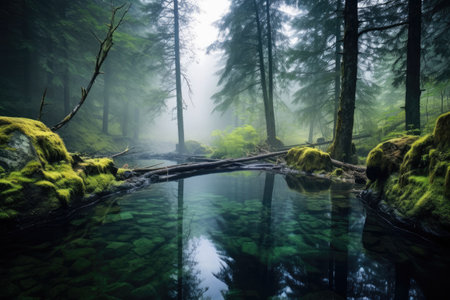 silent forest pool amidst misty surroundings, created with generative aiの素材