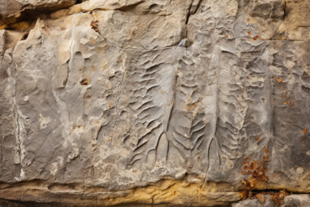 prehistoric leaf imprints fossilized in rock, created with generative aiの素材