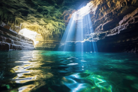 deep cavern with sunlight shining through the water, created with generative aiの素材