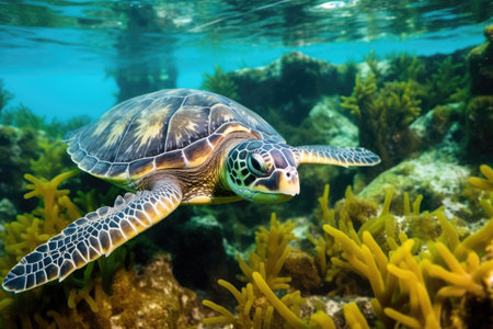 sea turtle swimming among seaweed, created with generative aiの素材