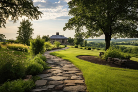 view of a stone pathway winding through lush rural landscape, created with generative aiの素材
