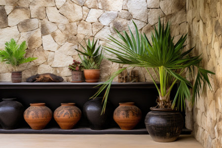 stone wall with ceramic pots and plants, created with generative aiの素材