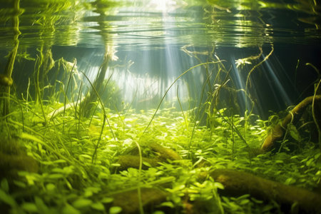 sunlight peering through freshwater surface onto aquatic plants, created with generative ai