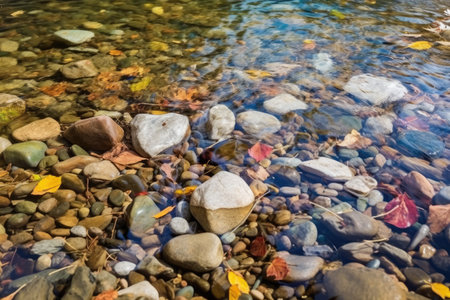 clear freshwater stream flowing downstream over colorful pebbles, created with generative aiの素材