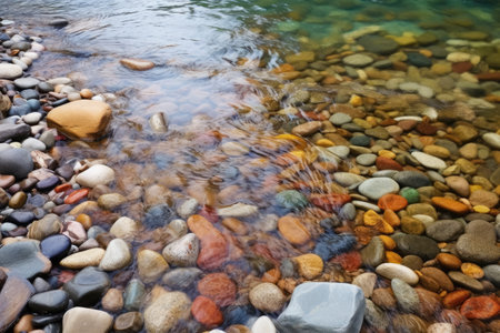 clear freshwater stream flowing downstream over colorful pebbles, created with generative aiの素材