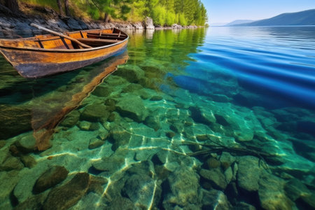 sunken old wooden canoe in a clear water lake, created with generative aiの素材