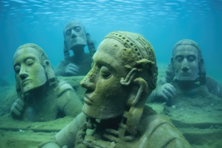 underwater statues found deep in a freshwater diving site, created with generative aiの素材