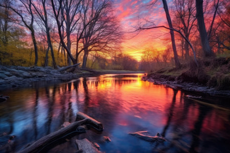 a fishing spot highlighted by colorful sunrise on a woodland river, created with generative aiの素材