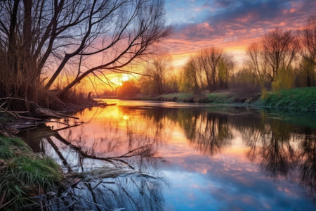 a fishing spot highlighted by colorful sunrise on a woodland river, created with generative aiの素材