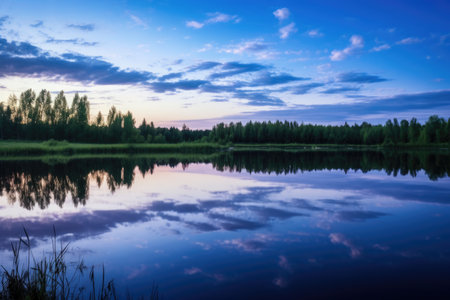 evening hues reflecting on a mirror-like fishing lake, created with generative aiの素材