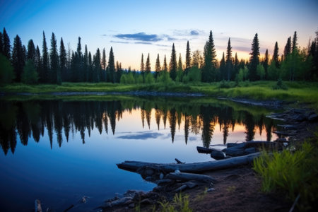 evening hues reflecting on a mirror-like fishing lake, created with generative aiの素材