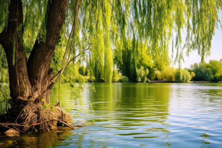 a fishing spot marked with a float on a tree-fringed lake, created with generative aiの素材