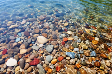 close-up of colourful pebbles under lake water, created with generative aiの素材