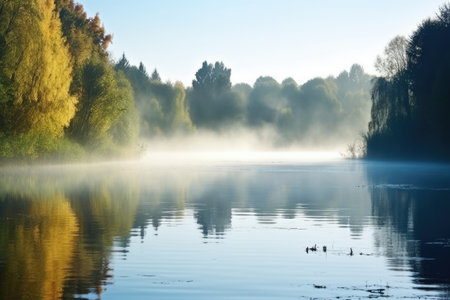 thick morning mist hovering above a lake, created with generative aiの素材