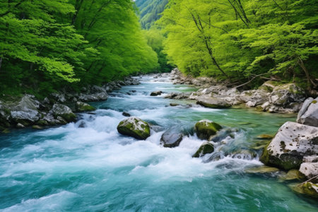 rapids flowing in a mountain river, created with generative aiの素材