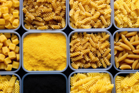 an array of differently shaped pasta in containers, created with generative aiの素材