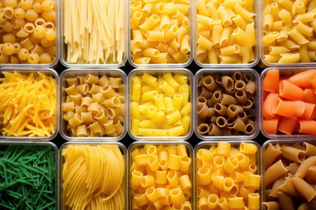 an array of differently shaped pasta in containers, created with generative aiの素材