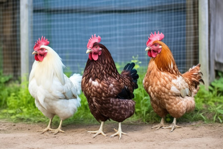 various breeds of chickens in a farmyard, created with generative aiの素材