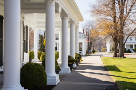a georgian homes white columns at entrance, created with generative aiの素材
