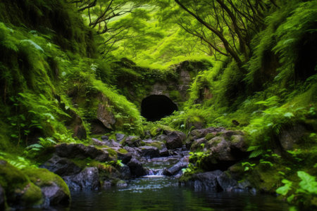 overgrown hot spring in a lush valley, created with generative aiの素材