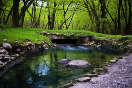 minimalistic view of a small hot spring, created with generative aiの素材