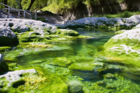 green algae thriving around a hot spring, created with generative aiの素材