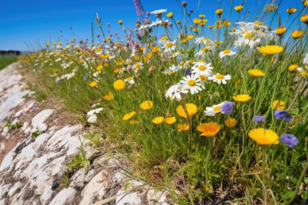 glacial till covered in wildflowers during summer, created with generative aiの素材