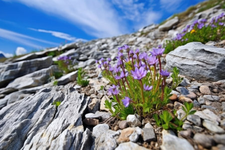 blooming alpine flowers on a lateral moraine, created with generative aiの素材