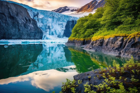 melting glacier juxtaposed with flourishing greenery around, created with generative aiの素材