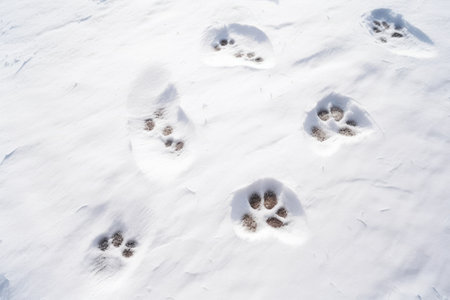 overhead view of animal footprints in fresh snow, created with generative aiの素材