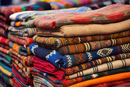 piles of handwoven, traditional patterned rugs in a marketplace, created with generative aiの素材