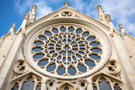ornate rose window on a white stone gothic revival church, created with generative aiの素材