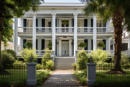 wide shot of a greek revival houses front porch with lush garden, created with generative aiの素材