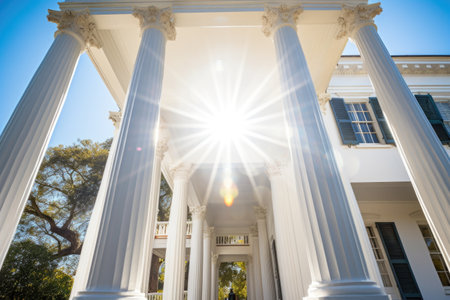 upward angle of greek revival columns on a sunny day, created with generative aiの素材