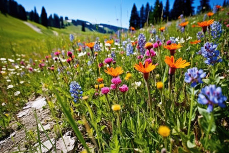 wildflowers blooming in an alpine meadow, created with generative aiの素材