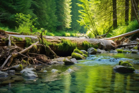 close-up of a beaver dam in a forest river, created with generative aiの素材