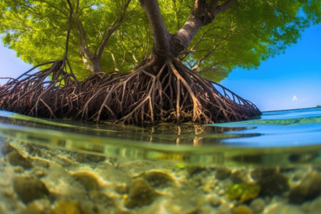 mangroves supporting local marine life at tidal coastline, created with generative aiの素材