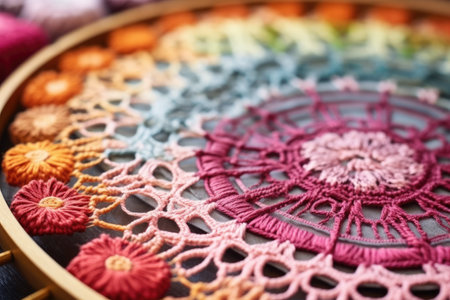 needlework stitching on a hoop with threads of various colors, created with generative aiの素材