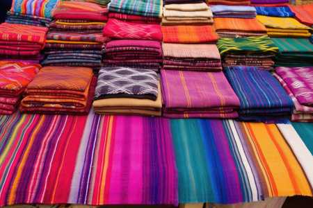 a stall featuring colorful handwoven rugs and mats, created with generative aiの素材