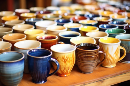 collection of hand-poured ceramic mugs on a table, created with generative aiの素材
