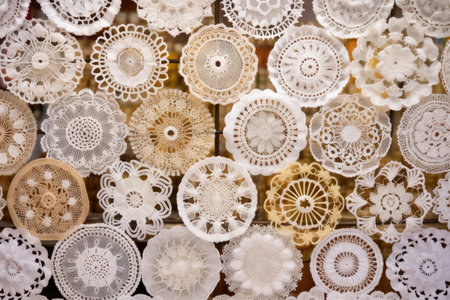 an array of delicate, handmade lace doilies on display, created with generative aiの素材