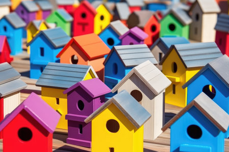 handmade birdhouses painted in an assortment of colors, created with generative aiの素材