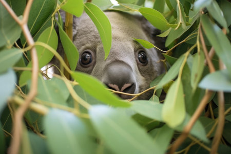 koala bear sitting among eucalyptus leaves, created with generative aiの素材