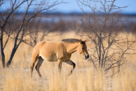 przewalskis horse roaming a shrubby, dry steppe, created with generative aiの素材