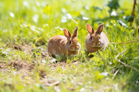 rabbits hopping in grass turned brown from heat, created with generative aiの素材
