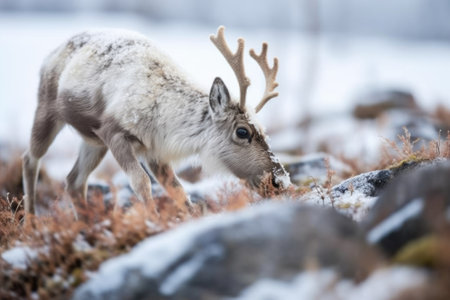 a reindeer eating lichen in snowy tundra, created with generative aiの素材